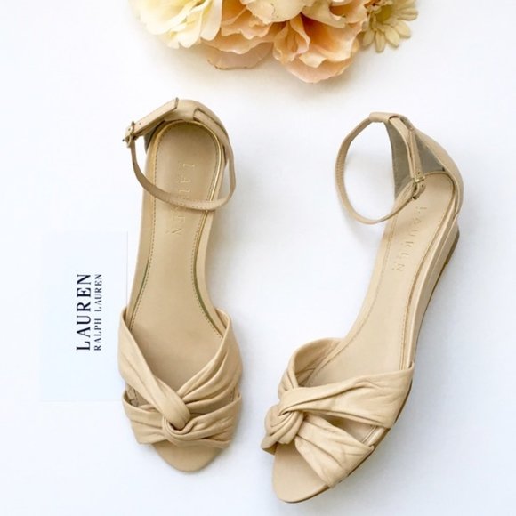 NWOT Lauren RL Mireya Leather Low Wedge Neutral SandalL - Picture 3 of 9